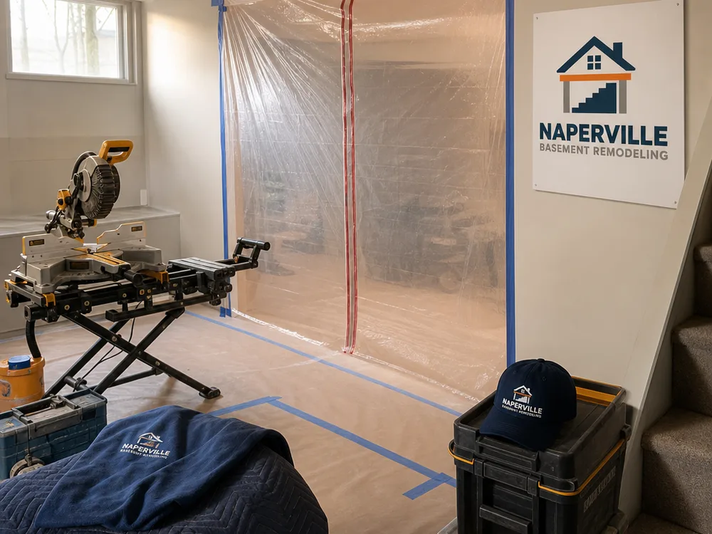 Organized remodeling jobsite with floor protection, a taped dust barrier, and neatly staged tools